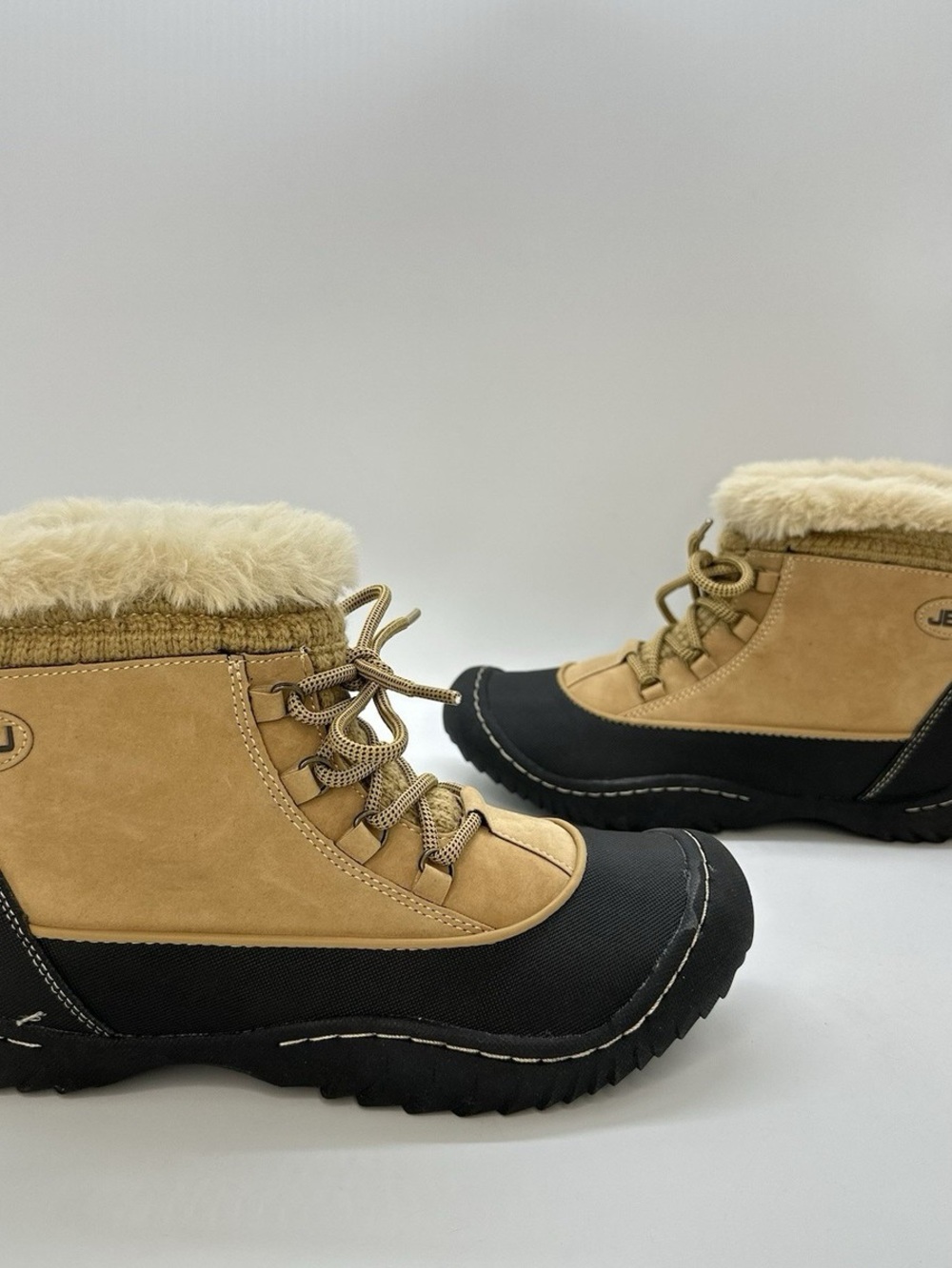 JBU Women’s Winter Lace-Up Boots with Faux Fur Collar - Black & Tan